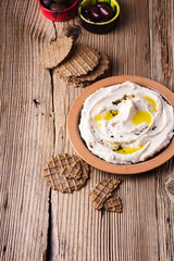 White beans hummus  with rye waffles, healthy snack dip