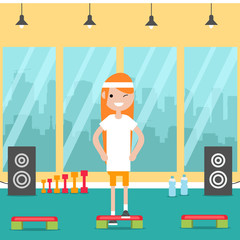 Obraz na płótnie Canvas Young character doing cardio step exercise in the gym.Flat cartoon design