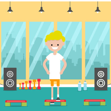 Young character doing cardio step exercise in the gym.Flat cartoon design