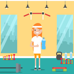 Obraz na płótnie Canvas Young character shows water bottle and and thumb up in the gym.Flat cartoon design