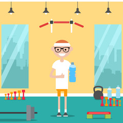 Obraz na płótnie Canvas Young character shows water bottle and and thumb up in the gym.Flat cartoon design