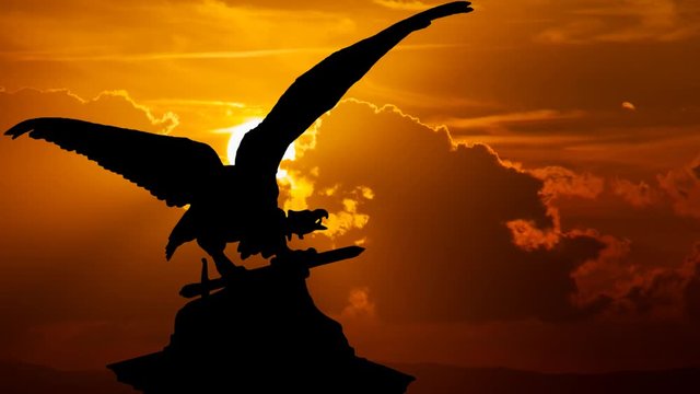 Turul bird on the Royal Castle at Sunset, Mythological Bird of Prey, mostly depicted as a Hawk, Vulture or Falcon, the National Symbol of Modern Hungary and Transylvania, Budapest