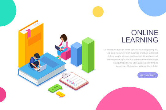 Isometric online learning or courses concept. Students or schoolchildren gain knowledge through the Internet using laptops. Big books. Can use for web banner, infographics, hero images.