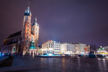 Mary's Basilica (Church of Our Lady Assumed into Heaven) in Krakow, Poland at night