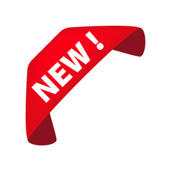 New lettering on red scroll banner. Ribbon, inscription, marketing. Can be used for topics like new collection, shopping, store