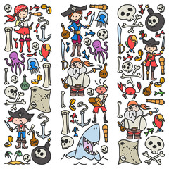 Vector set of pirates children's drawings icons in doodle style. Painted, colorful, pictures on a piece of paper on white background.