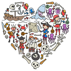 Vector set of pirates children's drawings icons in doodle style. Painted, colorful, pictures on a piece of paper on white background.
