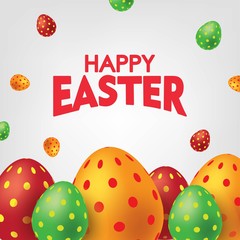 White Happy Easter Card with Colorful Eggs. Falling Easter Eggs background Vector illustration.