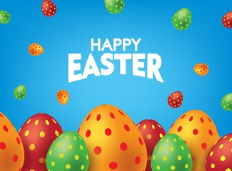 Blue Happy Easter Card with Colorful Eggs. Falling Easter Eggs background Vector illustration.