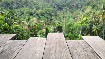 Wooden front with Balinese blurred jungle