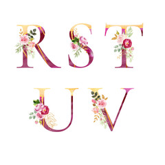 Set of decorated watercolor letters r s t u v