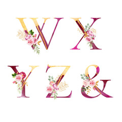 Set of decorated watercolor letters w x y z &