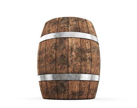 Wooden barrel with iron hoops isolated on white background. 3d rendering. Old barrel with rust on the hoops. Front view