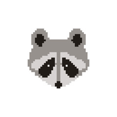 Raster illustration of pixel art raccoon. 8 bit.