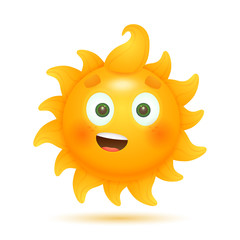 Cheerful funny cartoon sun. Smiling, positive, yellow. Can be used for topics like vacation, character, weather