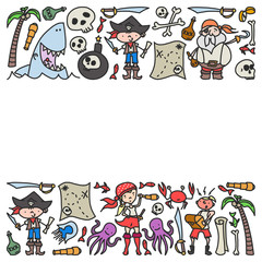 Fototapeta premium Vector set of pirates children's drawings icons in doodle style. Painted, colorful, pictures on a piece of paper on white background.