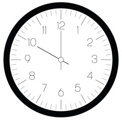 Clock face. Hour dial with numbers and hour and minute hand. Dashes mark minutes and hours. Thin outline design. Simple flat vector illustration