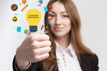 Business, technology, internet and networking concept. Young entrepreneur showing keyword: Customer...