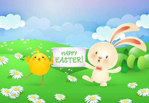 Happy Easter lettering on banner held by bunny and chick. Easter greeting card. Typed text, calligraphy. For greeting cards, posters, invitations, banners, leaflets and brochures.