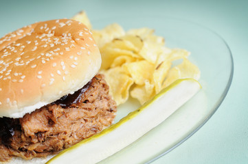 BBQ Pulled Pork Sandwich with Chips and Pickle