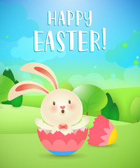 Happy Easter lettering, rabbit hatching from egg and landscape. Easter greeting card. Typed text, calligraphy. For greeting cards, posters, invitations, banners, leaflets and brochures.