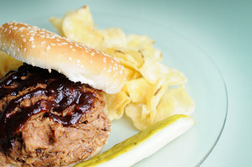 BBQ Pulled Pork Sandwich with Chips and Pickle