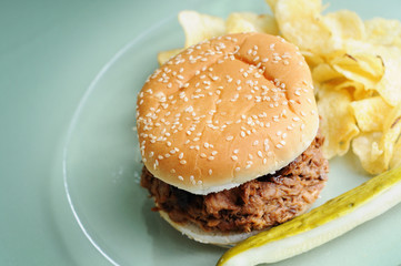 BBQ Pulled Pork Sandwich with Chips and Pickle