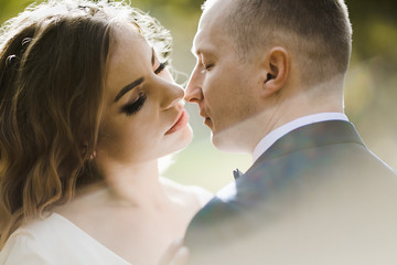 Fototapeta premium Bride and groom hug each other tender standing in the rays of sun in the autumn park covered with fallen leaves