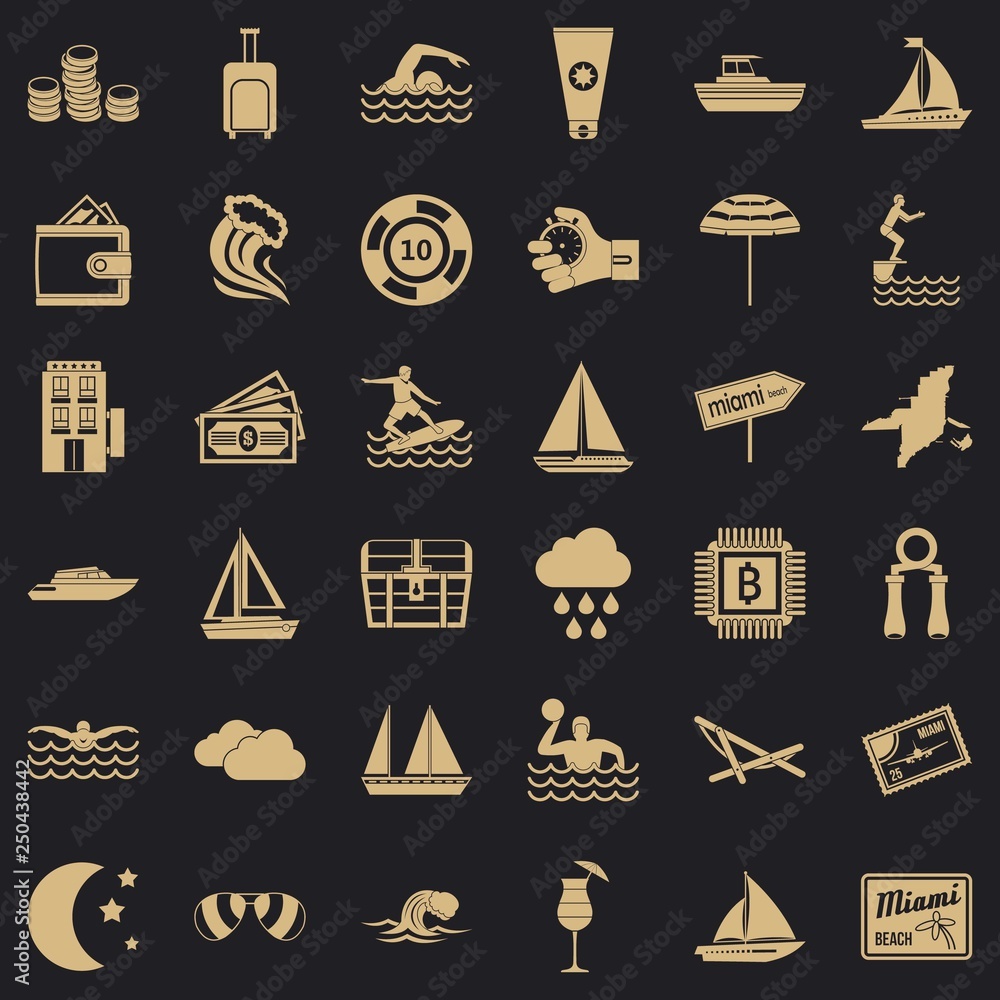 Poster jump in water icons set. simple style of 36 jump in water vector icons for web for any design