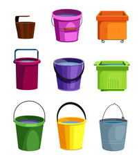 Colorful buckets set. Collection for cleaning service. Can be used for topics like housework, sanitary, washing floor