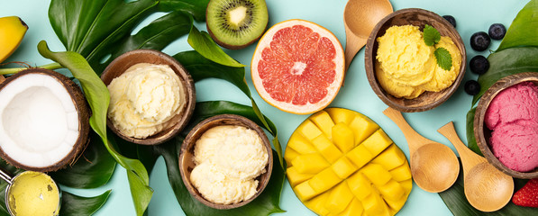 Tropical fruits and plants with variety of ice cream in coconut shells