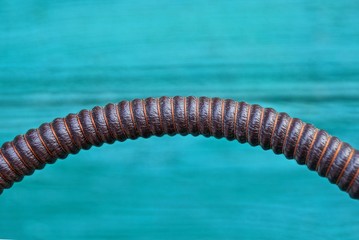 part of a brown plastic hose against a green wall