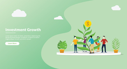 team growing investment website template page with tree leaf with gold coin money growth