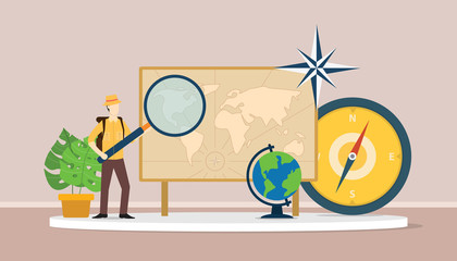 learn geography concept with men explorer suit explain world maps © ribkhan