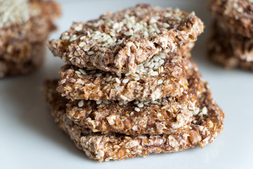 Vegan cookies from wheat and raisins on plate. Top angle view.