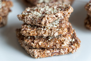 Vegan cookies from wheat and raisins on plate.Close Up.