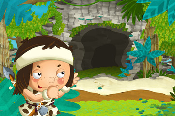 cartoon happy scene with caveman traveling near some cave - illustration for children