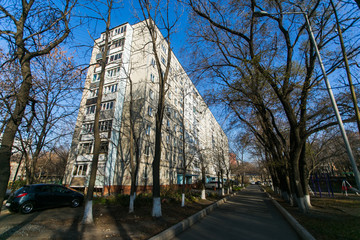 Residential development of Vladivostok panel and brick houses. Streets of sleeping areas of the...