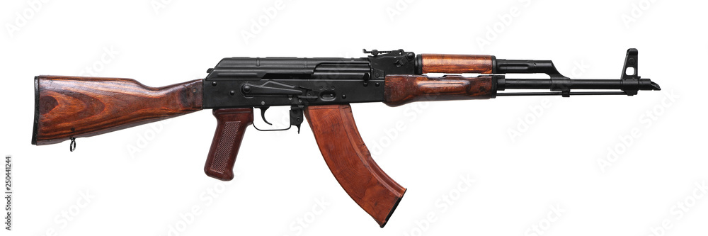 Poster classic machinegun armed with ussr and russia isolated on white back.