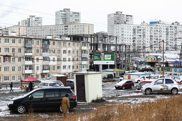 Residential development of Vladivostok panel and brick houses. Streets of sleeping areas of the capital of the Far East
