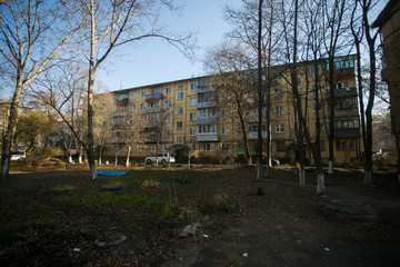 Residential development of Vladivostok panel and brick houses. Streets of sleeping areas of the capital of the Far East