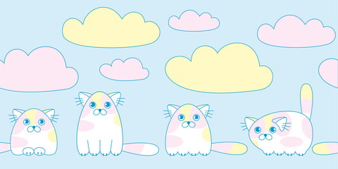 Cartoon cute colorful cats with clouds seamless pattern