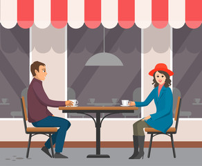 Couple sitting on chairs at table, holding cups. Portrait view of smiling girl in coat and hat, boy in casual clothes. Wall with windows of cafe vector