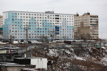 Residential development of Vladivostok panel and brick houses. Streets of sleeping areas of the capital of the Far East