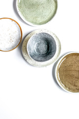 ceramic tableware top view on white background mock up