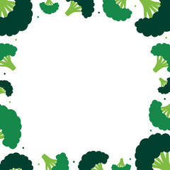 Vector frame, card template with cartoon style raw green broccoli and dots.