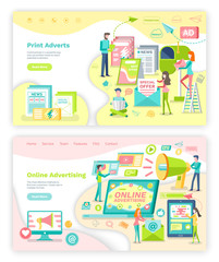 Online advertising and print adverts webpage or site template vector. Newspaper and newsletter, internet and electronic devices landing page flat style