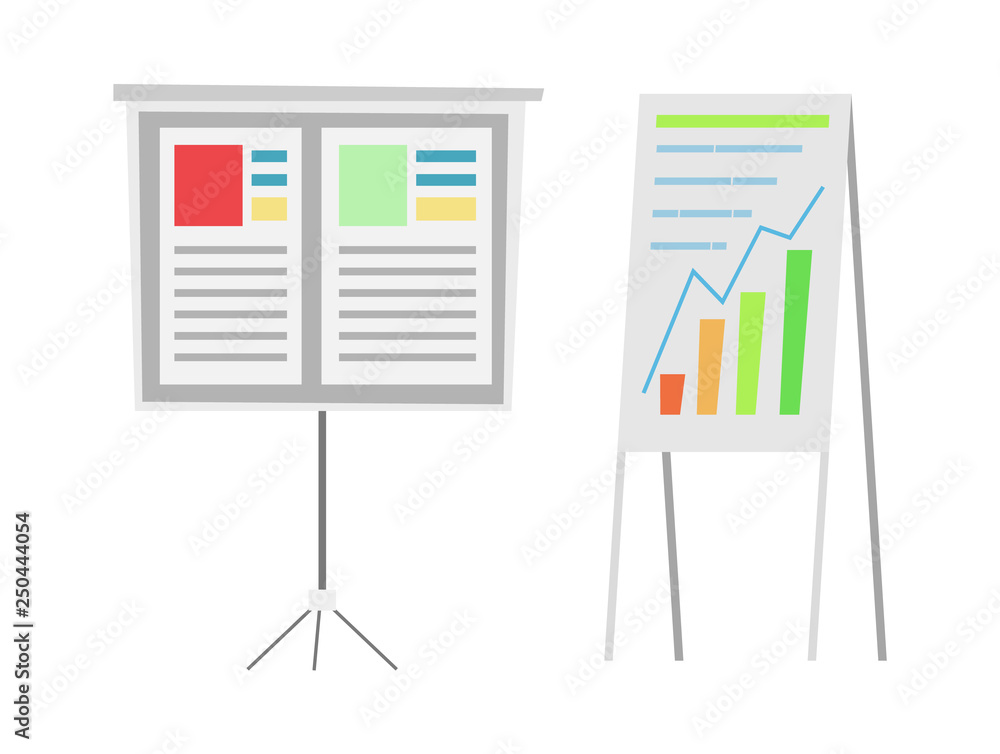Poster infographics and charts showing info vector, isolated icons of whiteboards with visualized informati