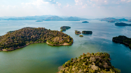 Obraz premium Kaeng Krachan Dam national park, Phetchaburi province, Thailand in aerial view from drone