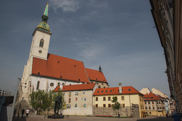 Obraz premium Beautiful street,building of Bratislava Downtown.View of day street.Traveling concept background.The landscape of the old historical city.Architecture, buildings Slovakia,Europe